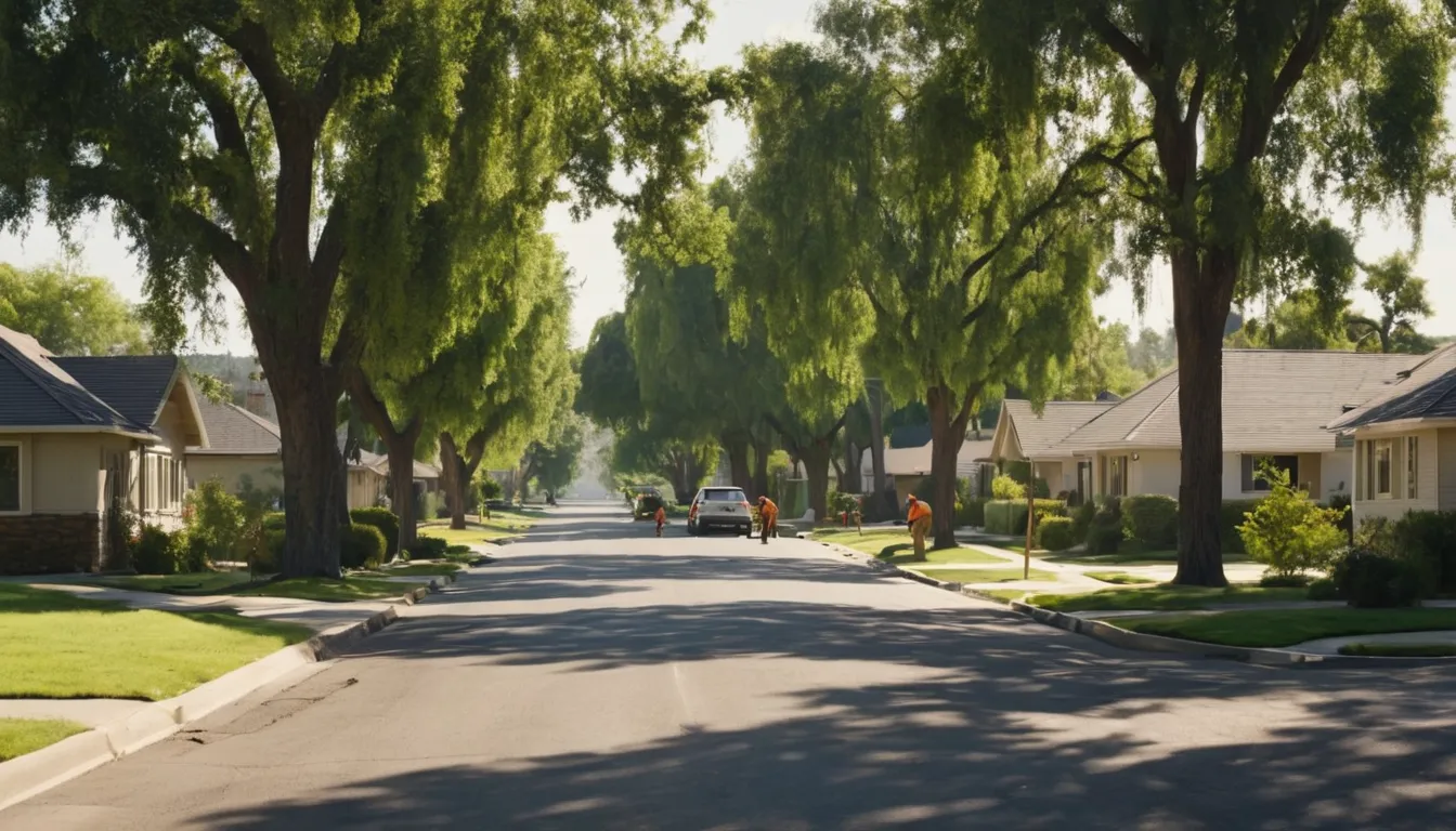 A neighborhood street in Grandview with mature trees and a tree service crew at work
