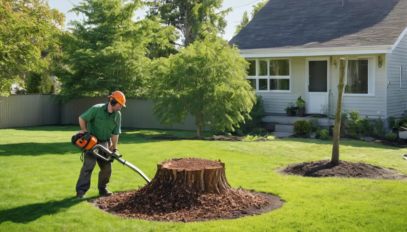 Provider grinding a tree stump in a Grandview backyard while a homeowner watches from a safe distance