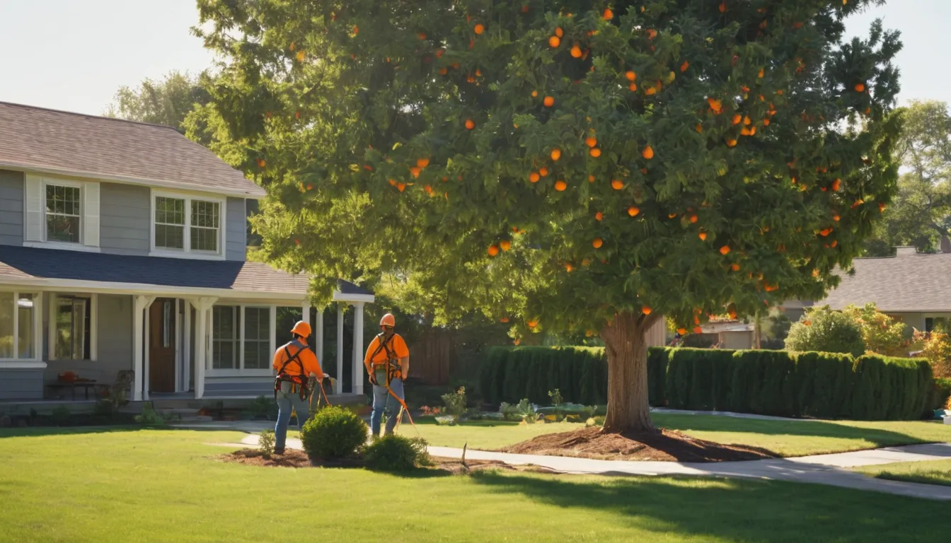 A tree removal provider cutting a large backyard tree in sections near a family home in Grandview